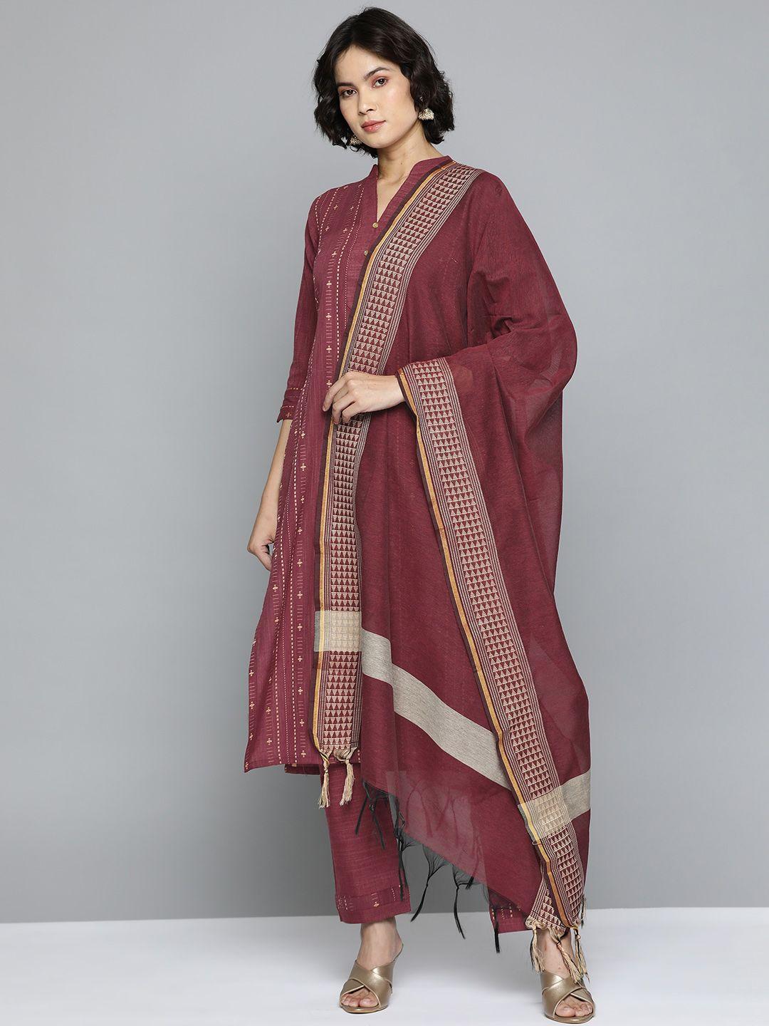 kvsfab women maroon pure cotton kurta with trousers & dupatta