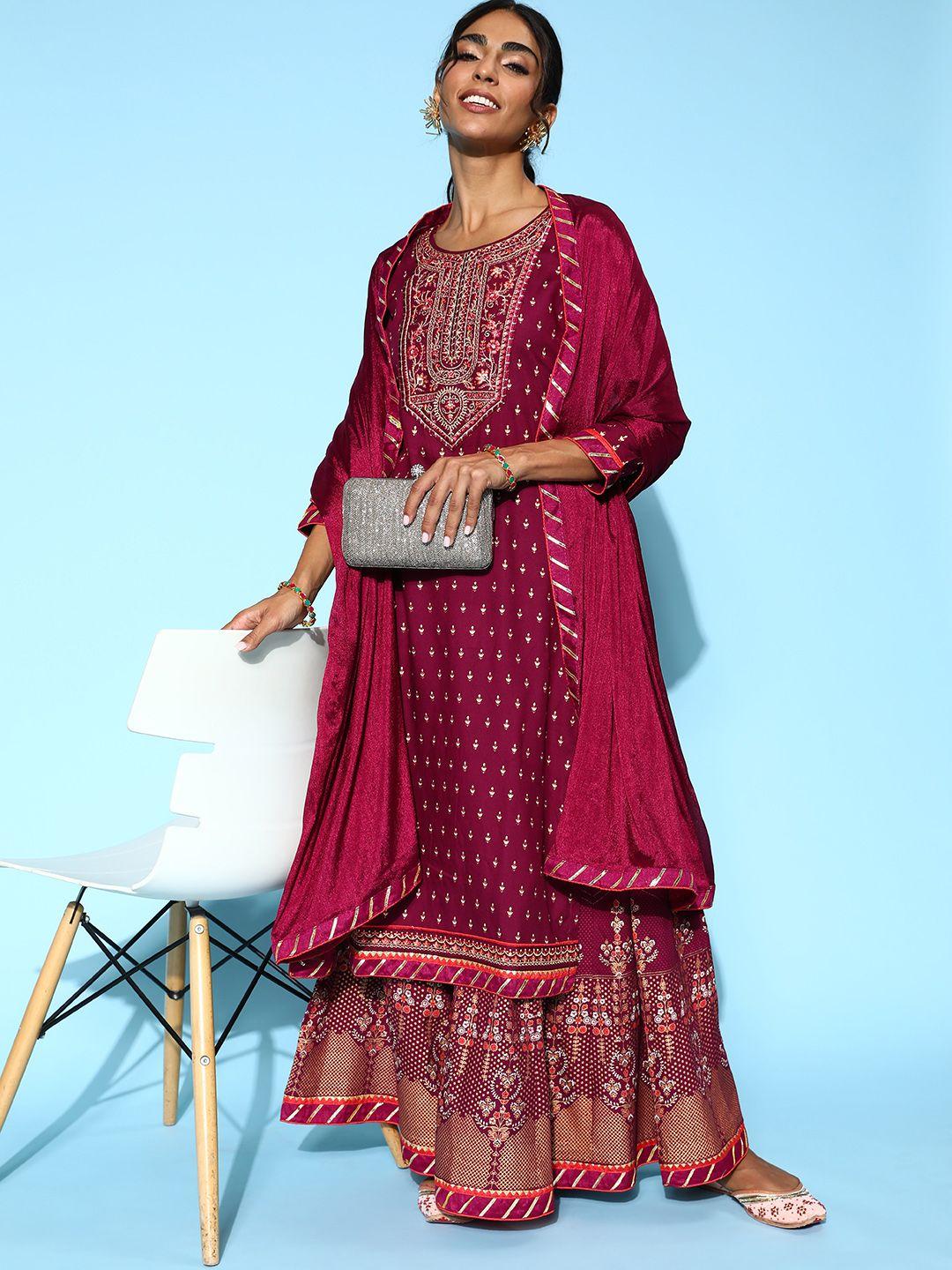 kvsfab women maroon viscose rayon ethereal embroidery kurta set