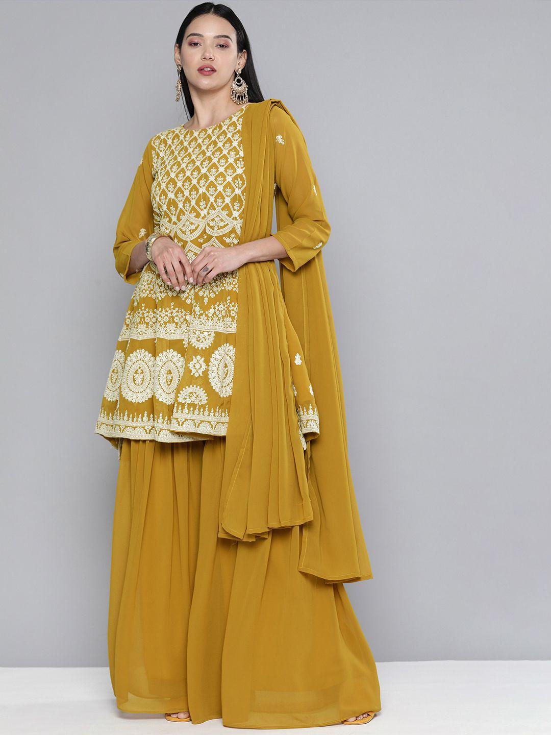 kvsfab women mustard yellow pleated  kurti with sharara &  dupatta