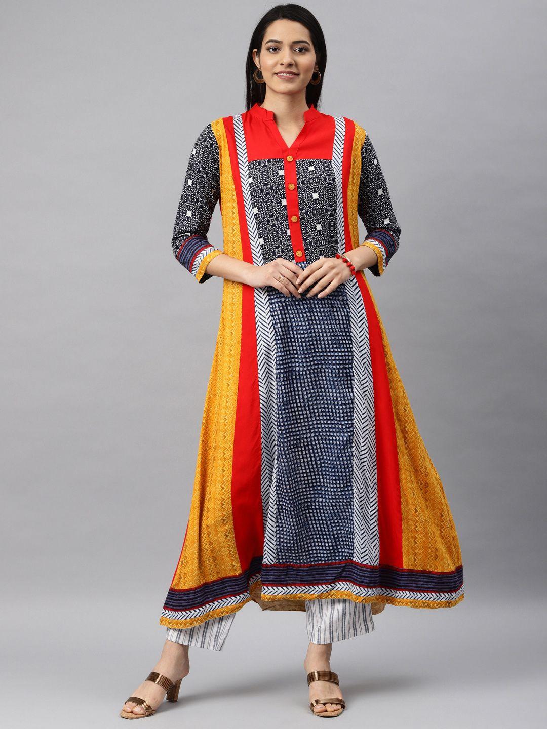 kvsfab women navy blue & mustard printed a-line kurta