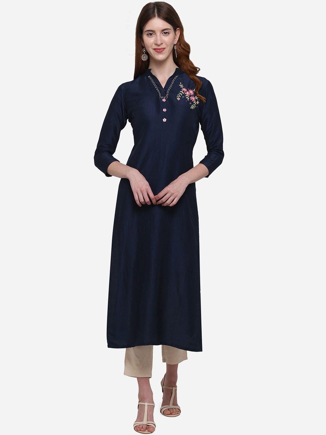 kvsfab women navy blue & pink embroidered a-line kurta