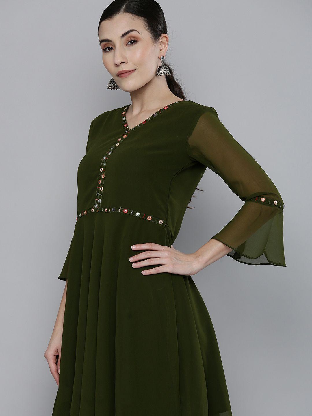 kvsfab women olive green yoke embroidered & mirror work kurta with sharara