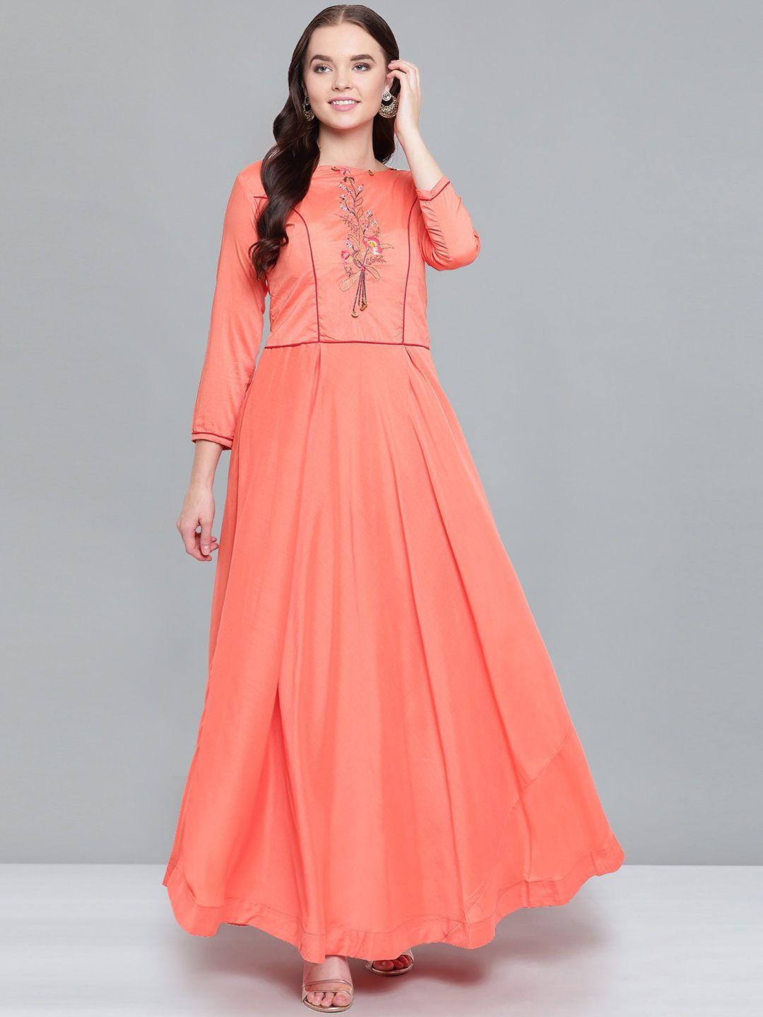 kvsfab women orange & pink ethnic motifs embroidered maxi dress