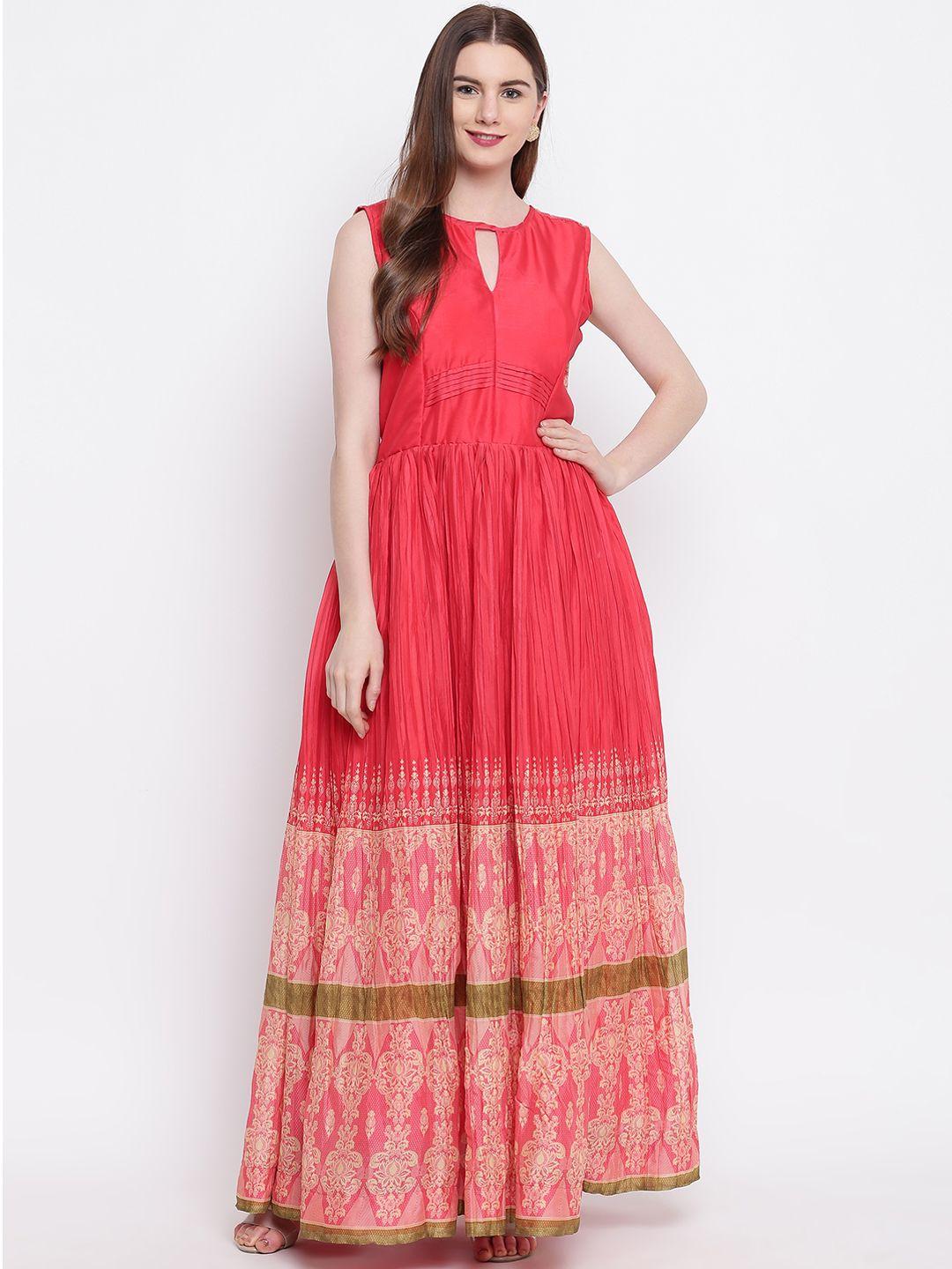 kvsfab women peach-coloured silk printed maxi dress