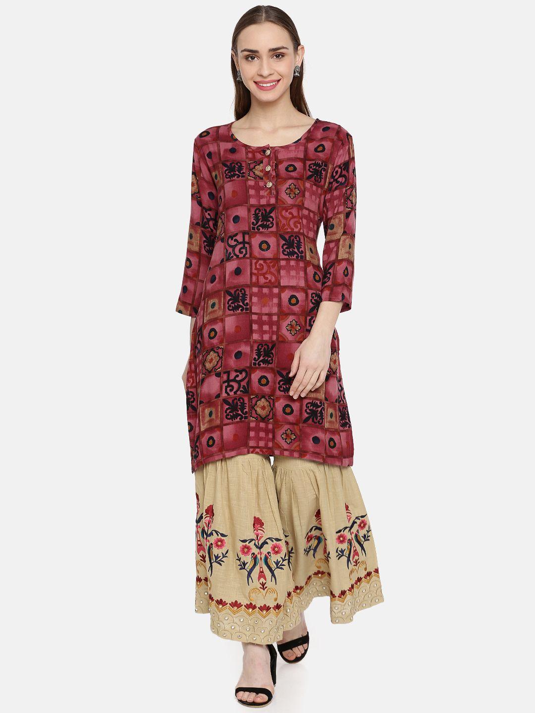 kvsfab women pink & beige printed straight kurta with sharara