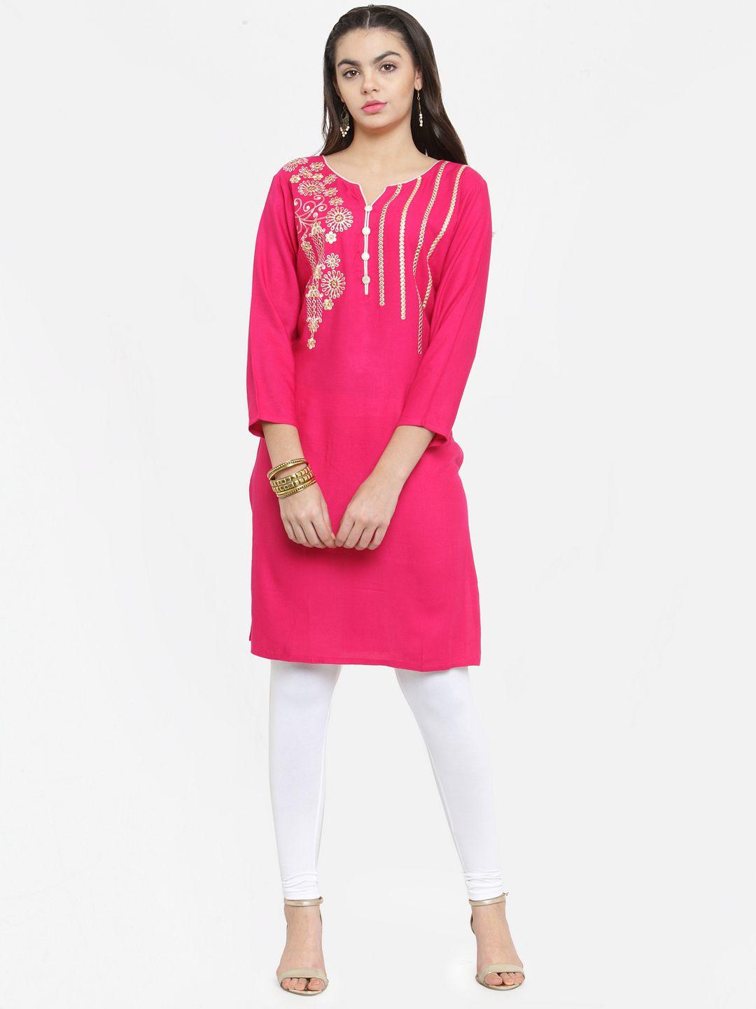 kvsfab women pink embroidered straight kurta
