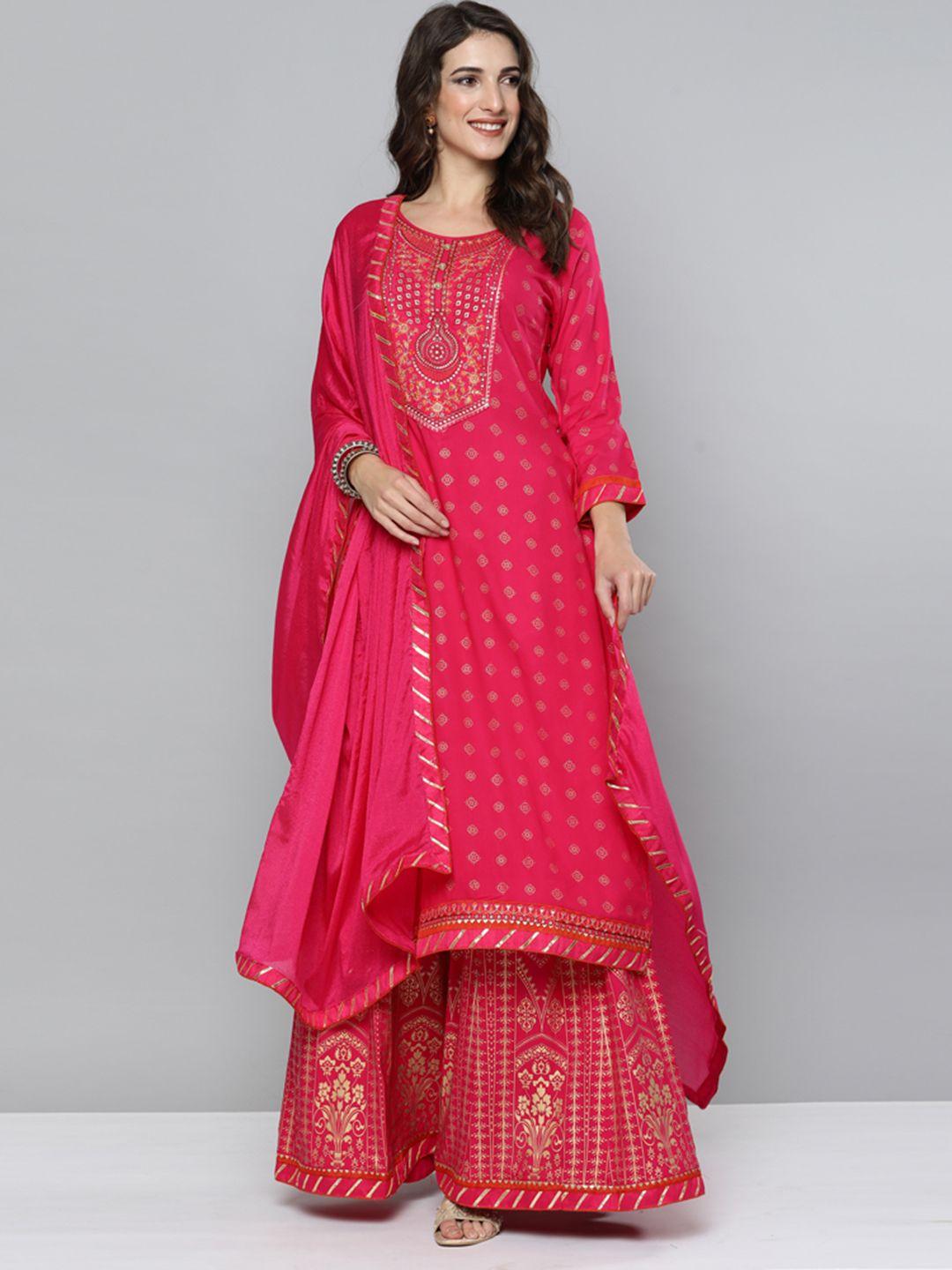 kvsfab women pink ethnic motifs embroidered thread work kurta with skirt & with dupatta