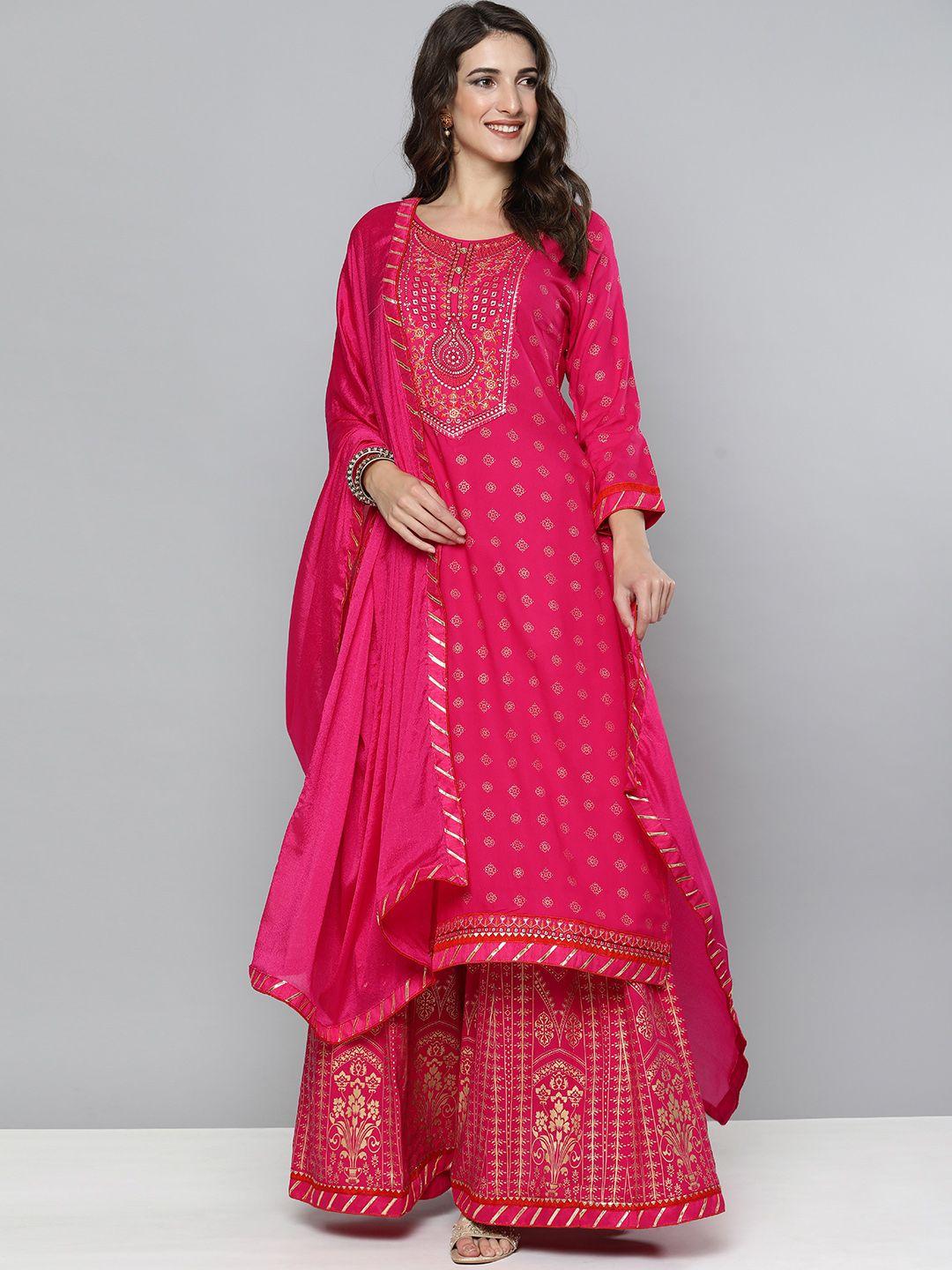 kvsfab women pink floral embroidered gotta patti kurta with skirt & with dupatta