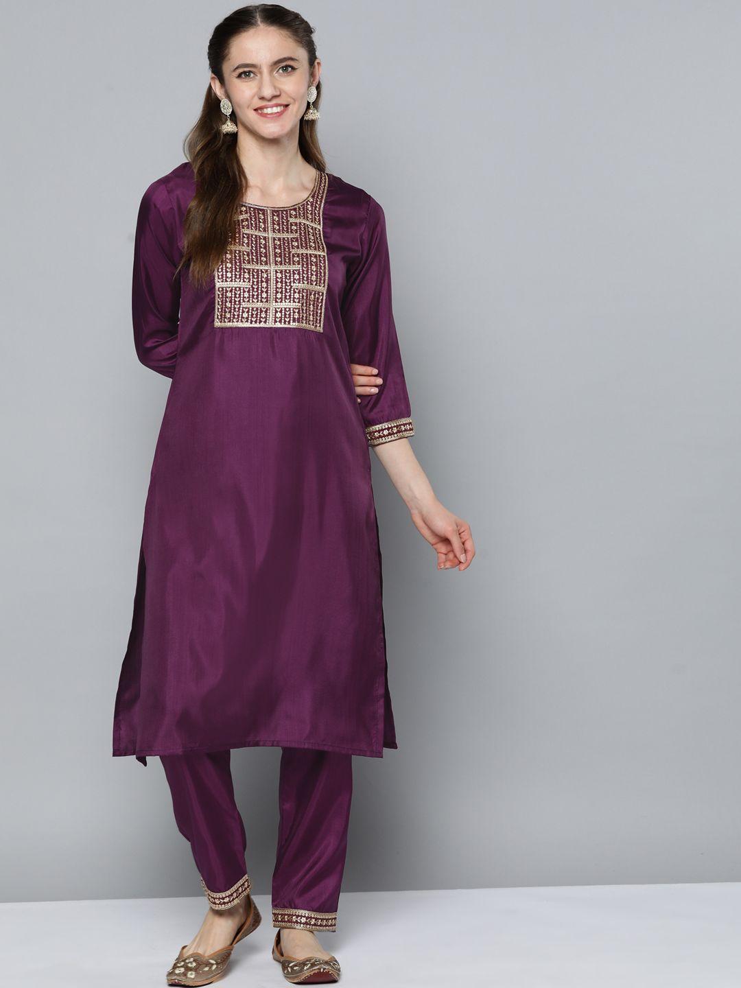 kvsfab women purple ethnic motifs embroidered sequinned kurta with trousers