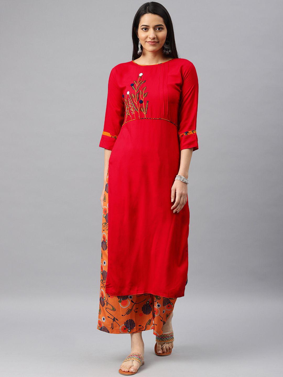 kvsfab women red & orange embroidered kurta with palazzos
