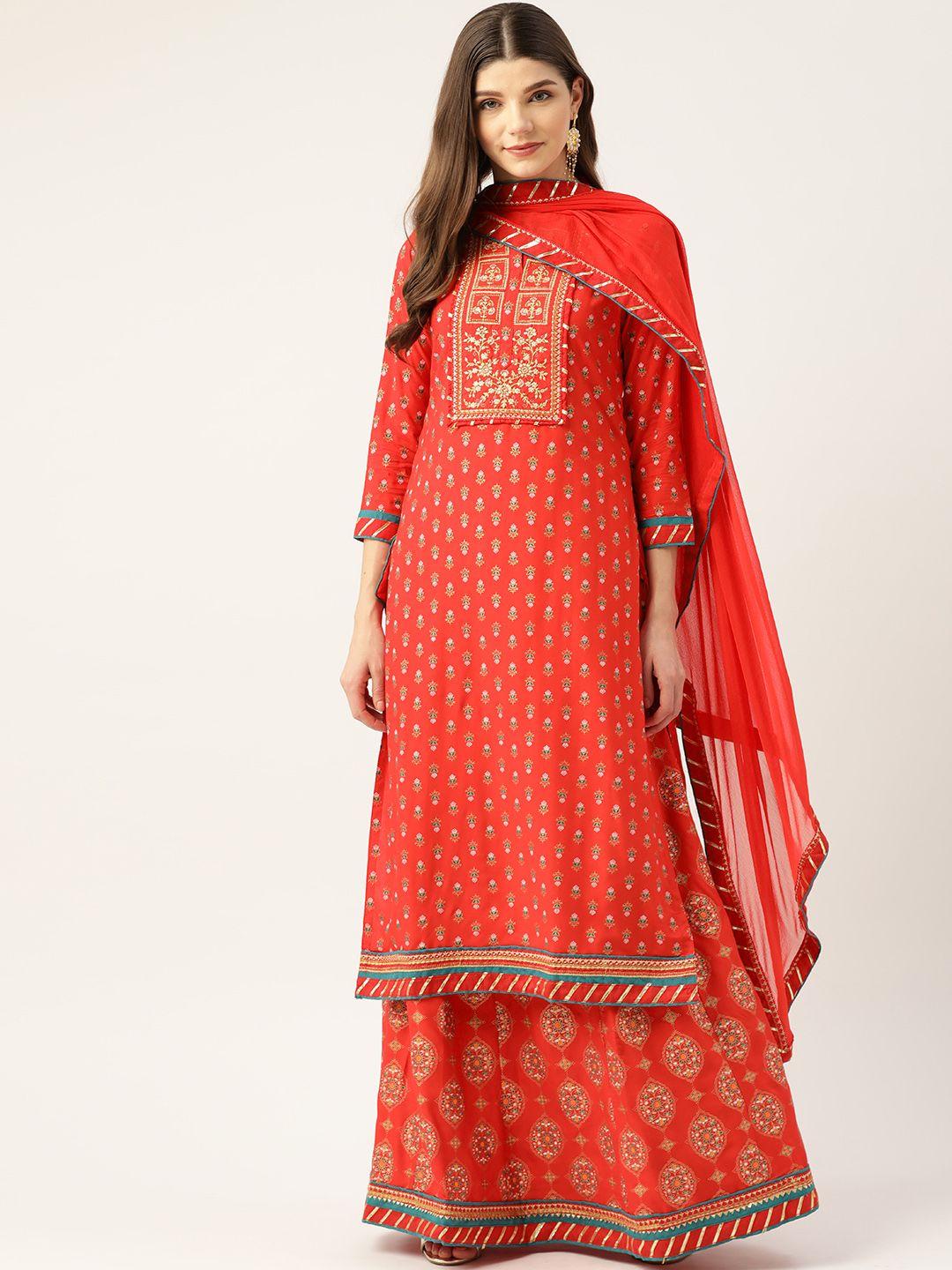 kvsfab women red & white foil print kurta with skirt & dupatta