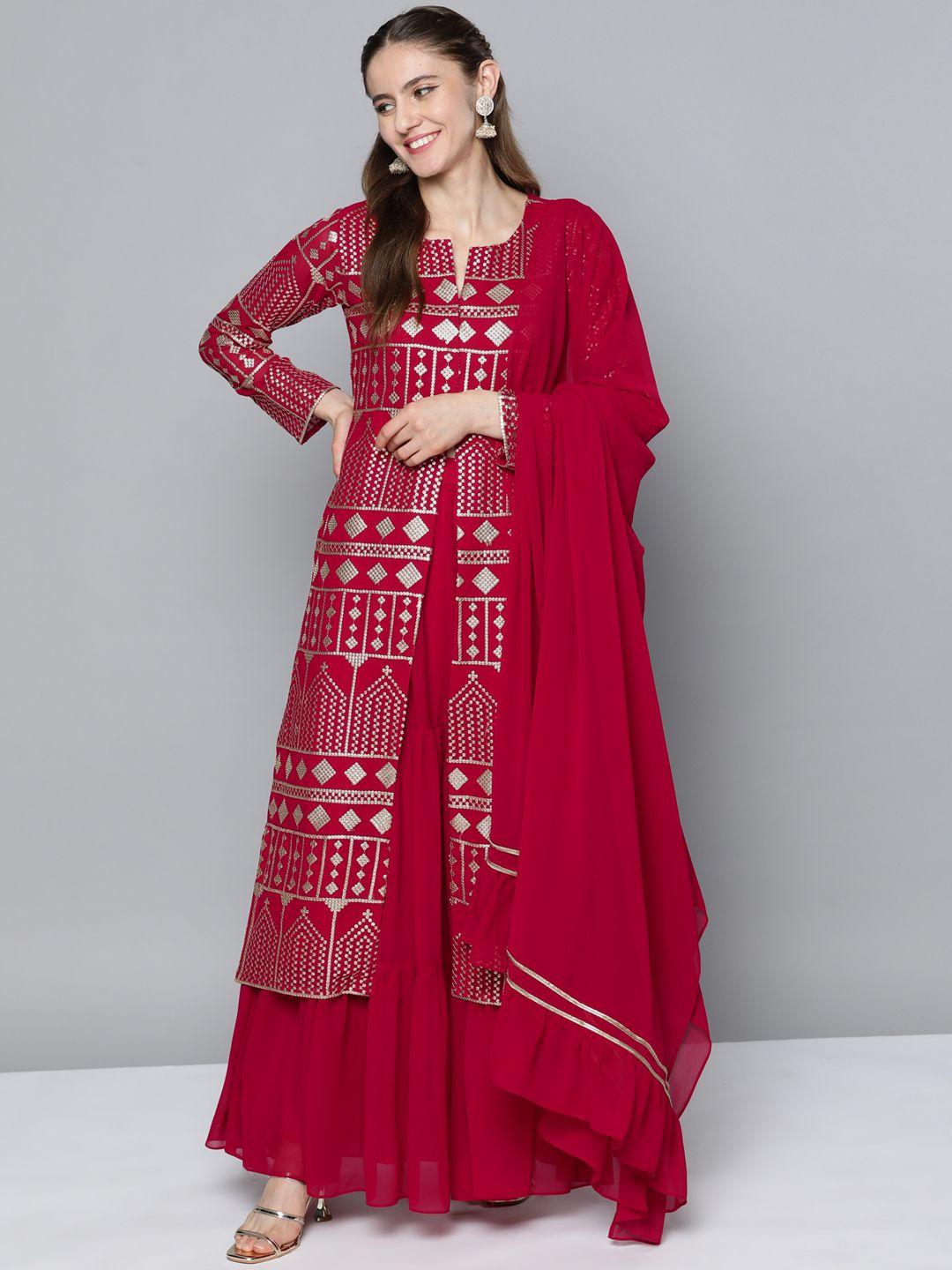 kvsfab women red ethnic motifs embroidered sequinned kurta with skirt & dupatta