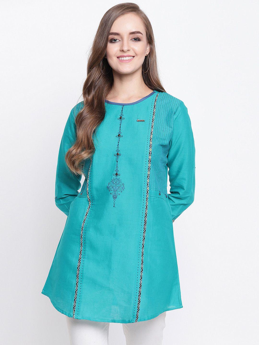 kvsfab women sea green embroidered a-line kurti