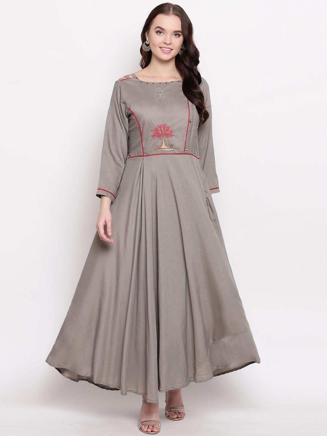 kvsfab women solid grey embroidered maxi dress