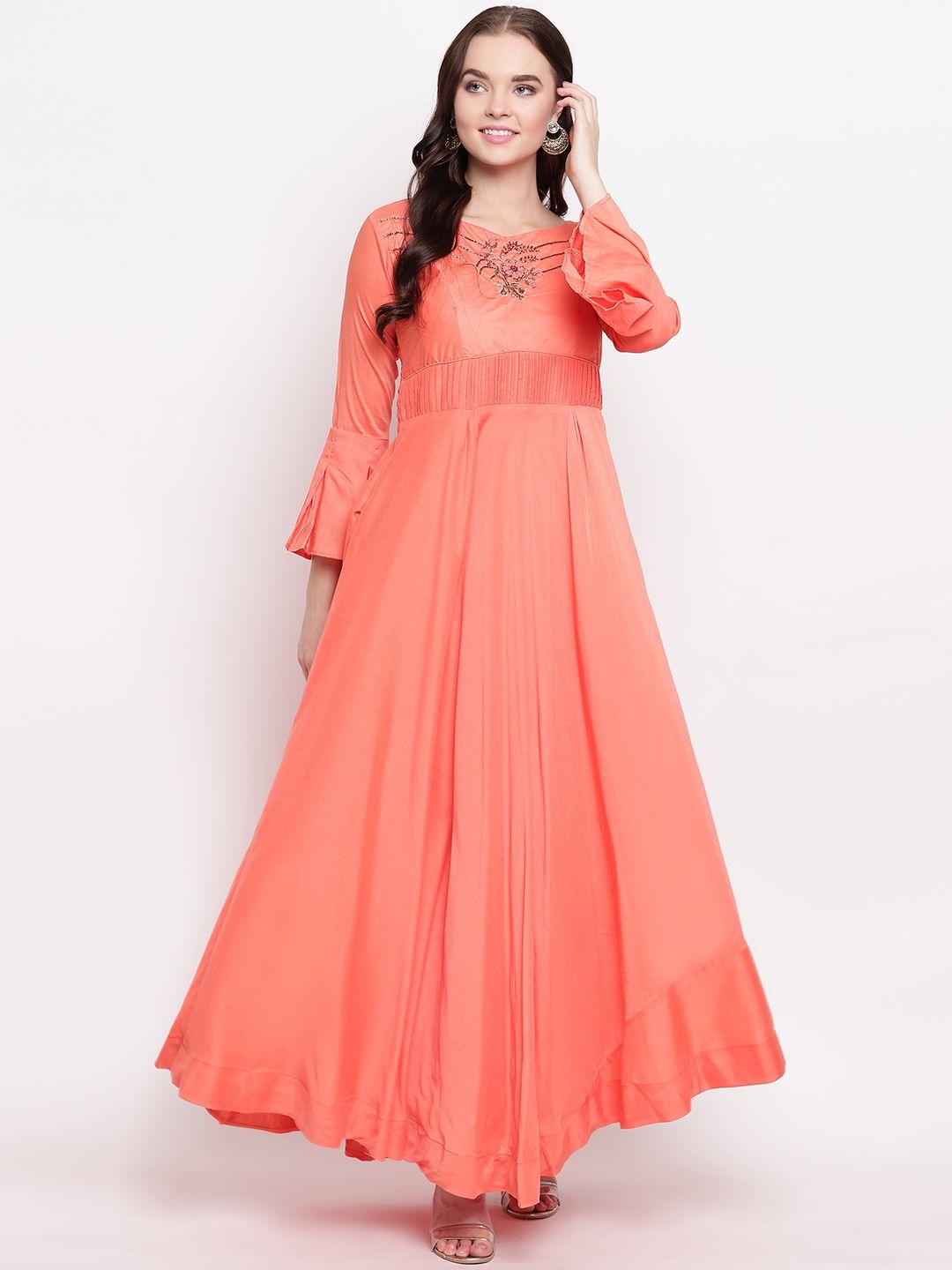 kvsfab women solid peach-coloured fit and flare dress