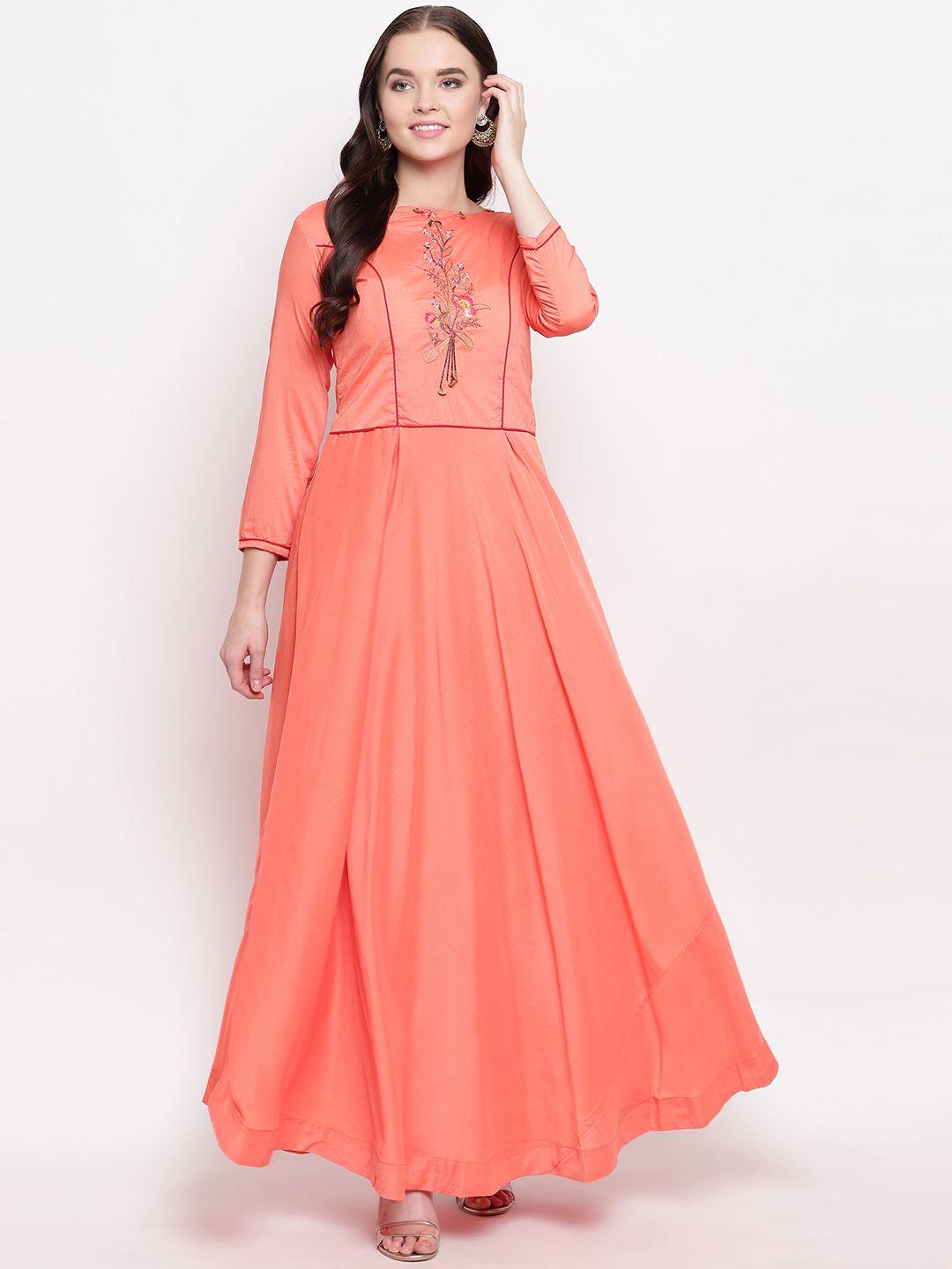 kvsfab women solid peach-coloured floral embroidered maxi dress