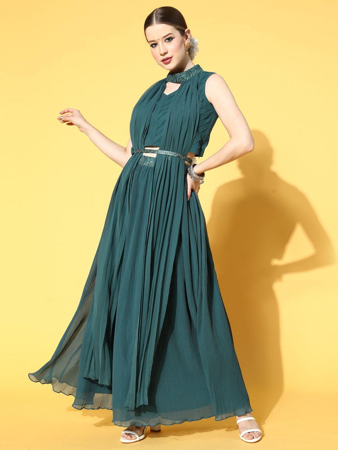 kvsfab women teal pleated kurta with palazzos