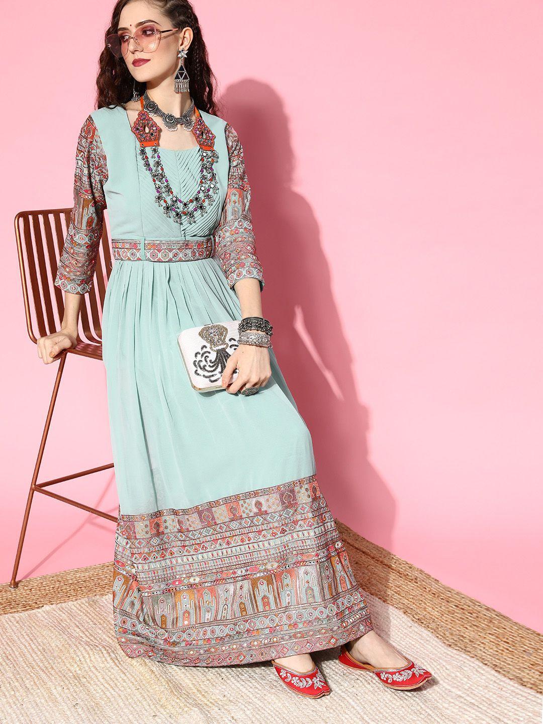 kvsfab women turquoise blue ethnic motifs gown for days