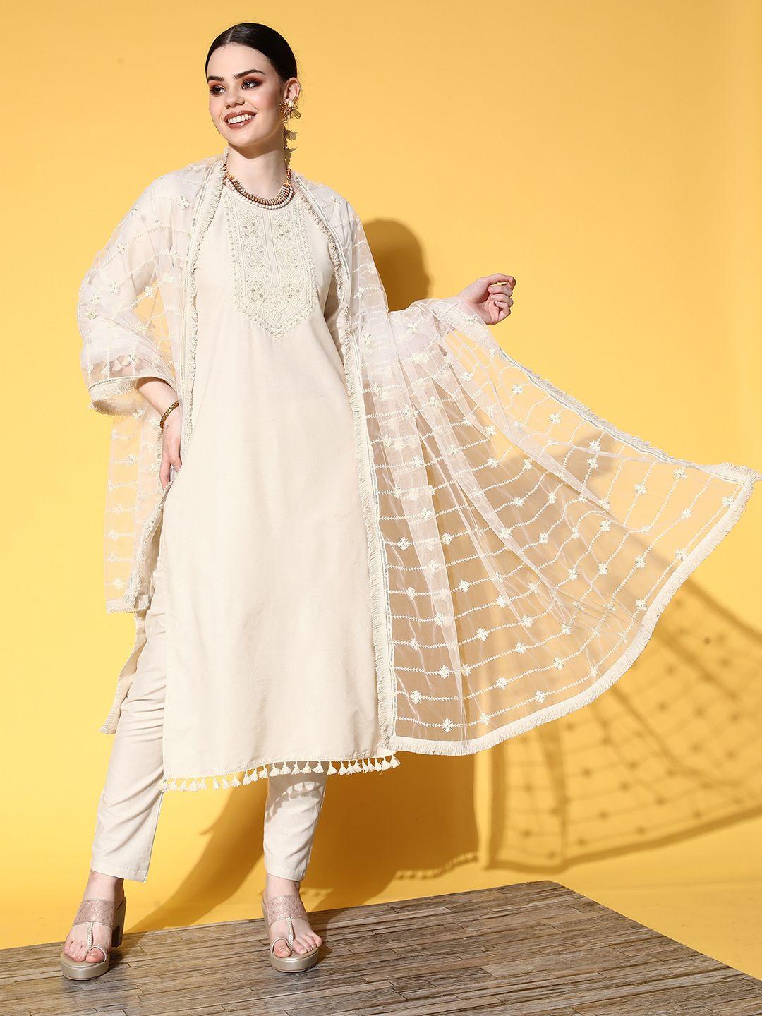 kvsfab women white floral embroidered sequinned kurta with trousers & with dupatta