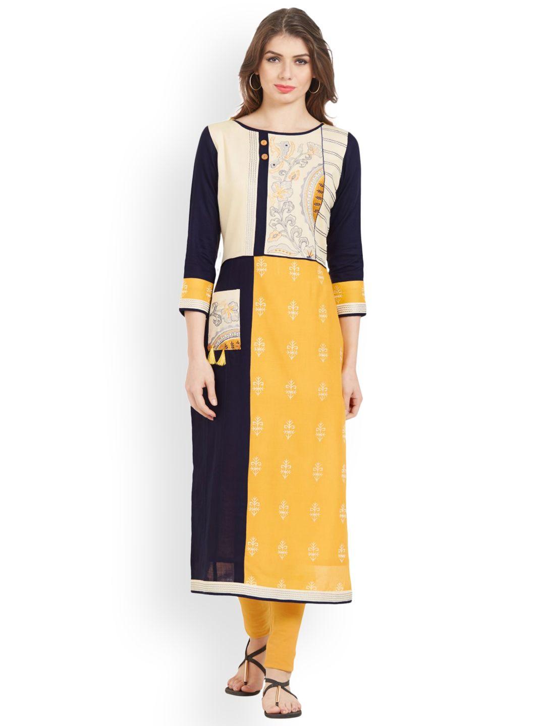 kvsfab women yellow & navy blue embroidered straight kurta