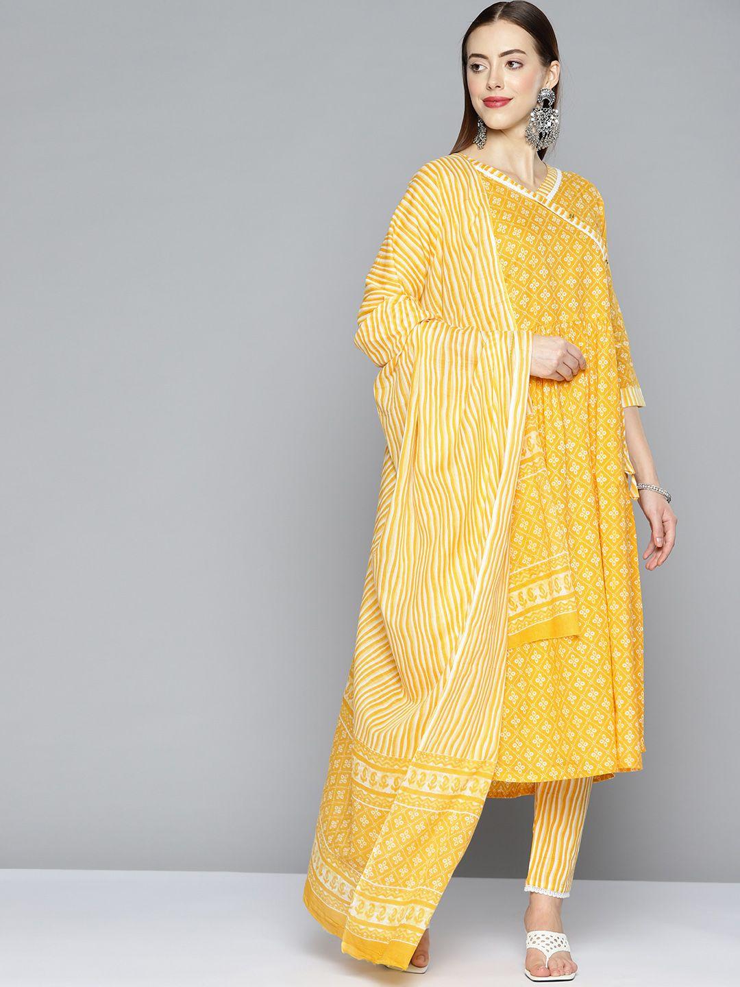 kvsfab women yellow ethnic motifs printed panelled pure cotton kurta with trousers & with dupatta