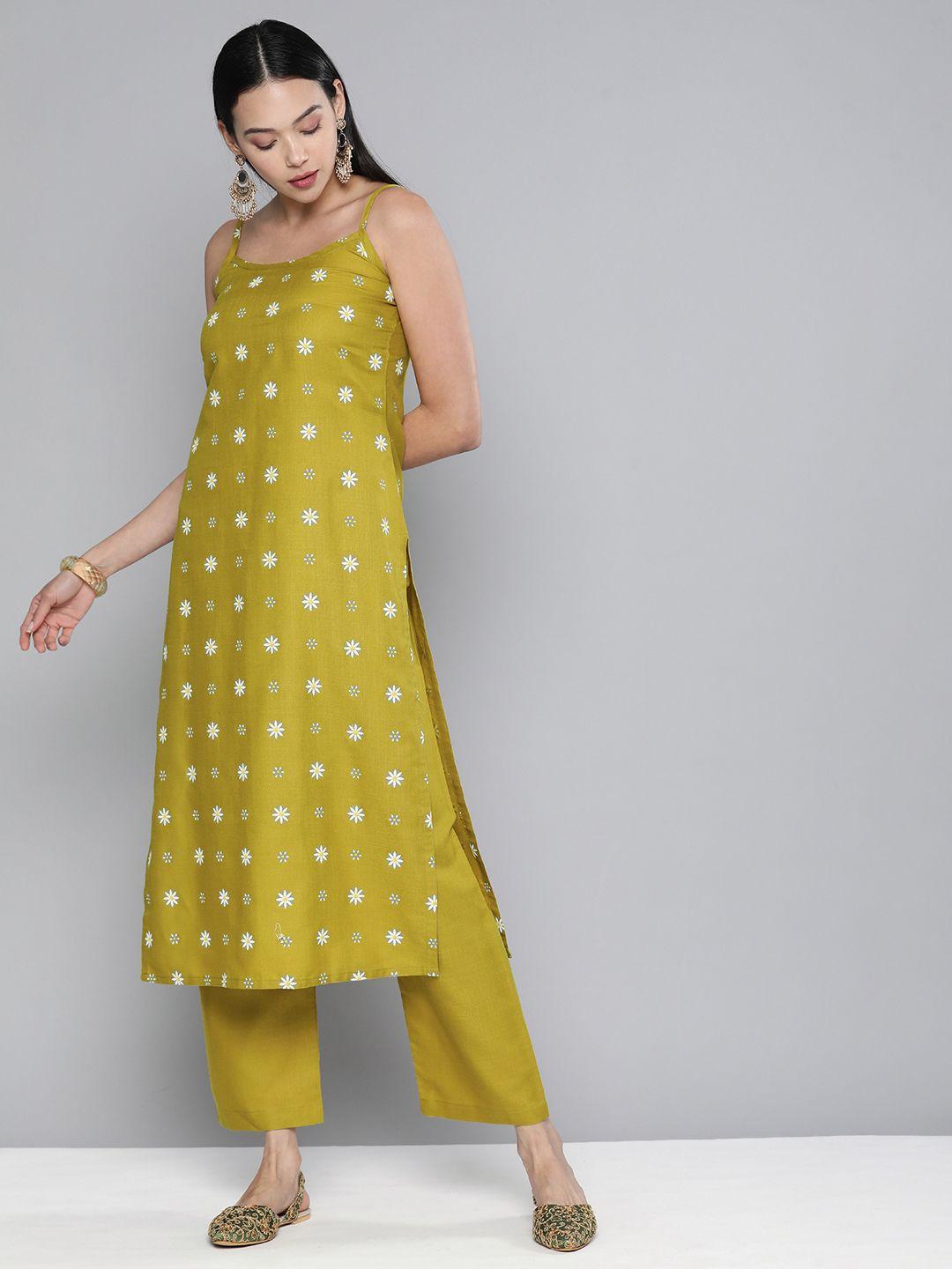 kvsfab women yellow printed regular kurta with trousers