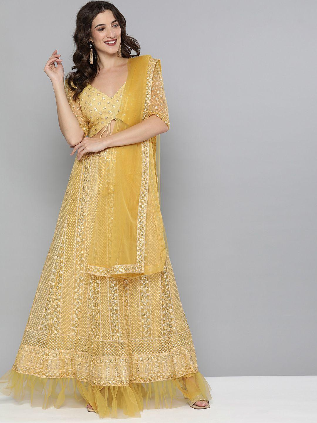 kvsfab yellow & white embroidered sequinned semi-stitched lehenga & unstitched blouse with dupatta