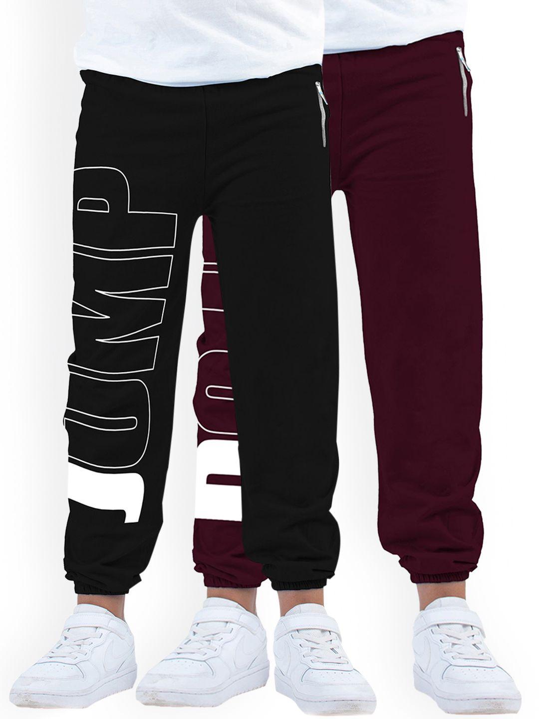 kyda kids boys black & burgundy pack of 2 printed cotton joggers