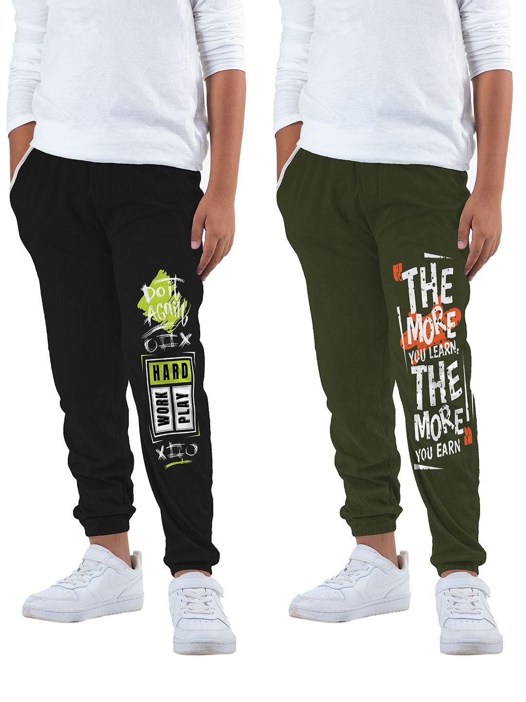 kyda kids boys black & olive green pack of 2 printed cotton joggers