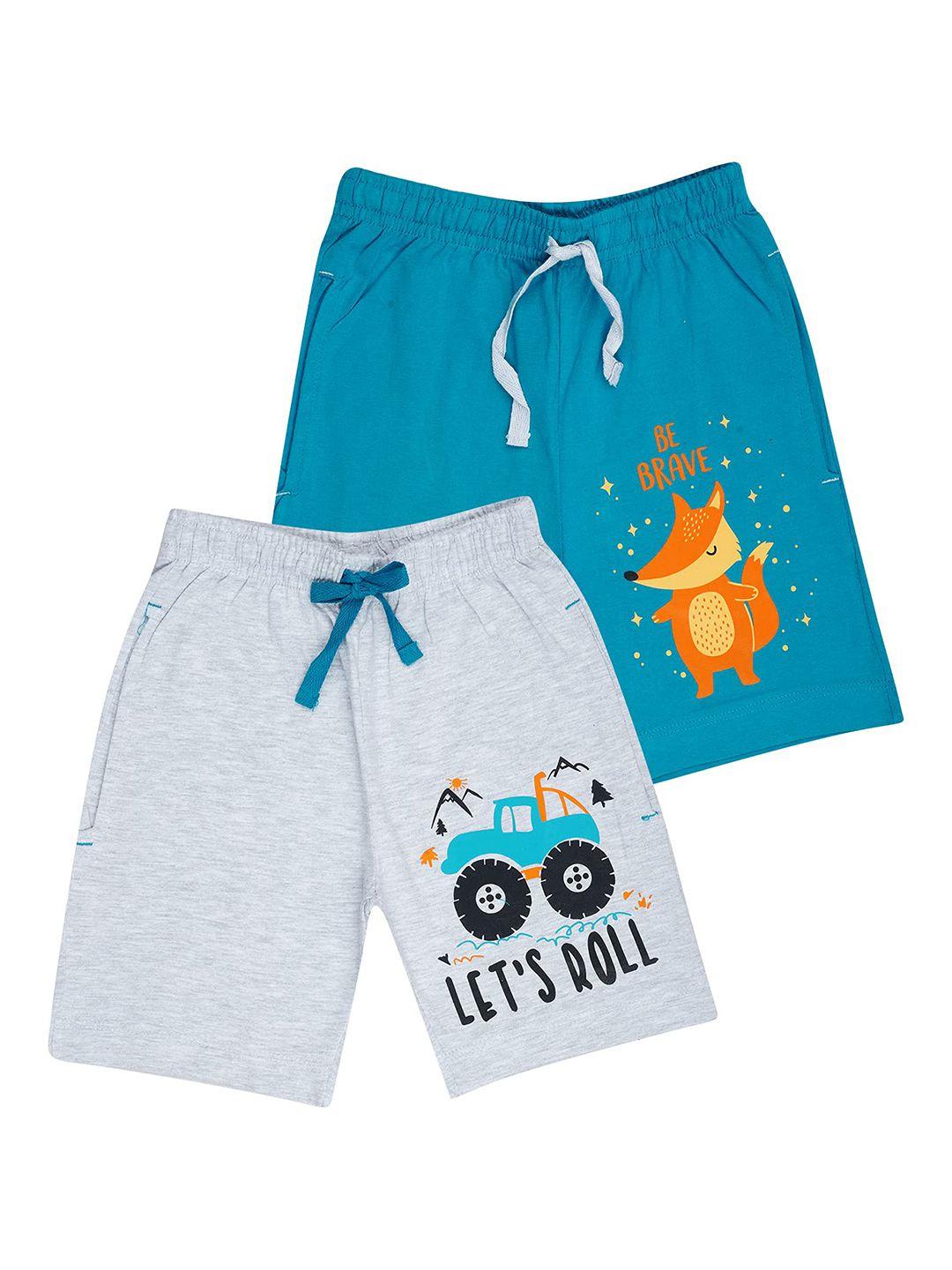 kyda kids boys grey and blue pack of 2 printed cotton shorts