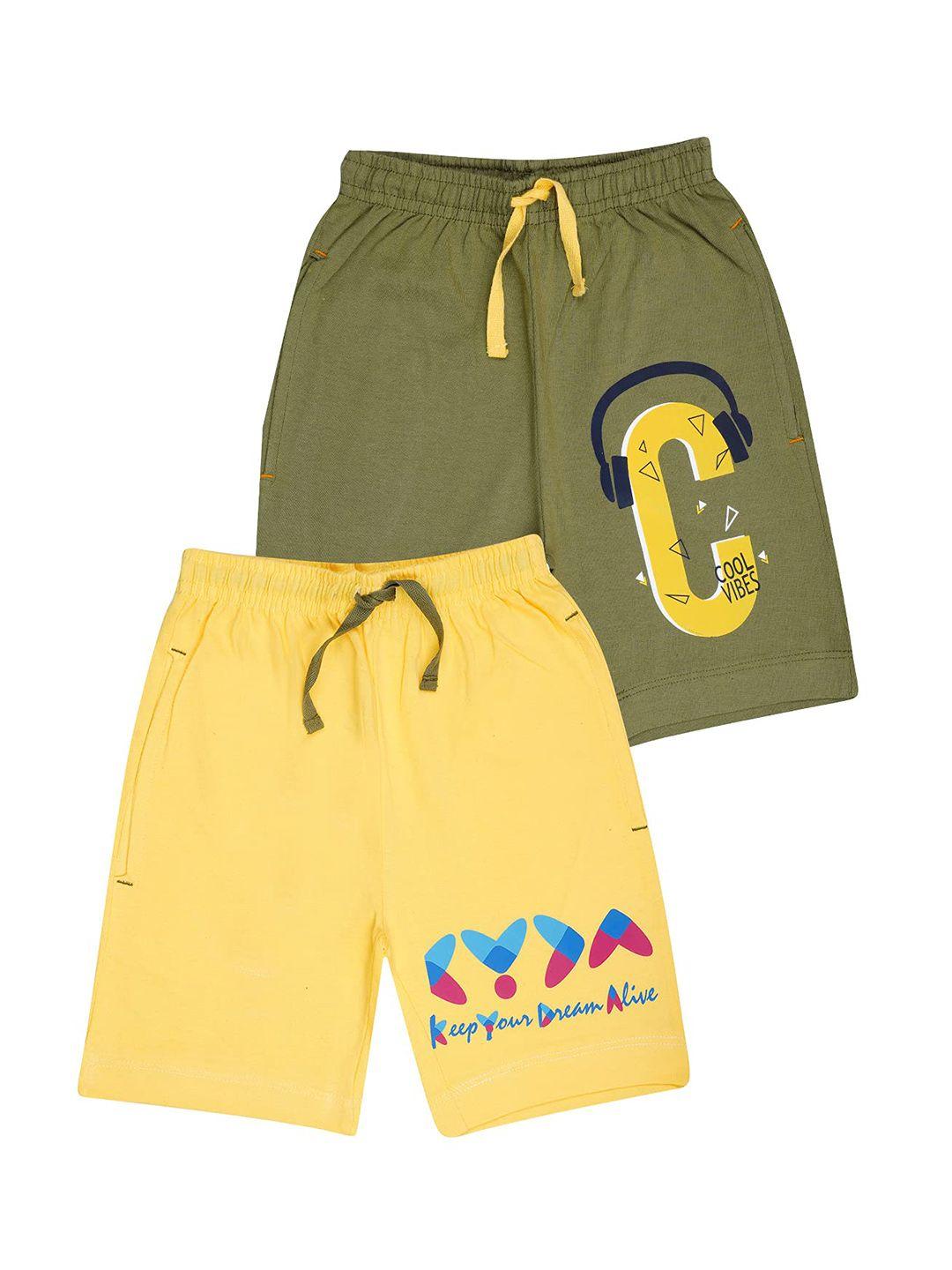 kyda kids boys olive & yellow pack of 2 graphic printed shorts
