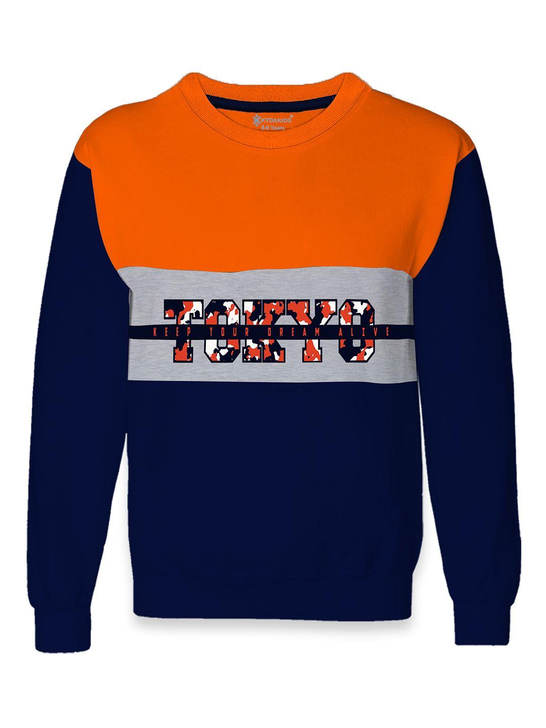 kyda kids boys orange & navy blue colourblocked cotton sweatshirt