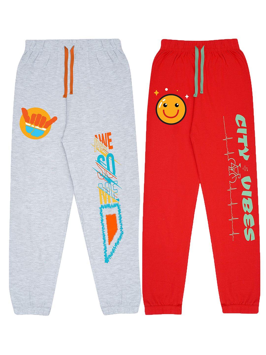 kyda kids boys pack of 2 red & grey graphic-printed cotton joggers