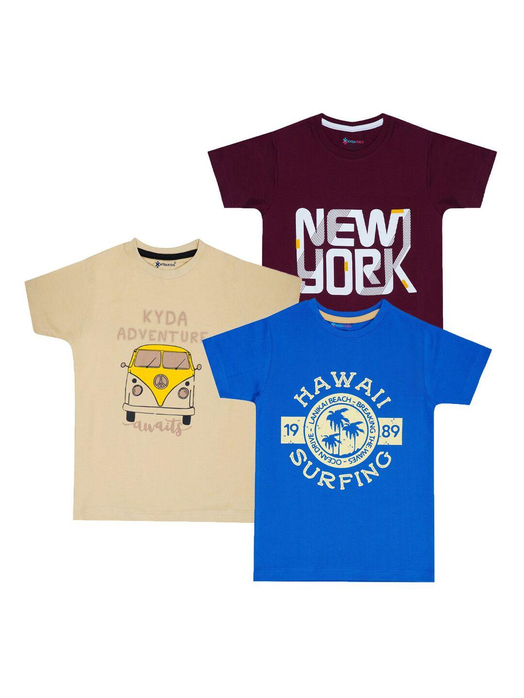 kyda kids boys pack of 3 blue & maroon typography printed t-shirt