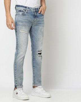 kyoto heavy distressed faded blue skinny fit jeans