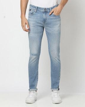 kyoto lightly distressed faded blue skinny fit jeans