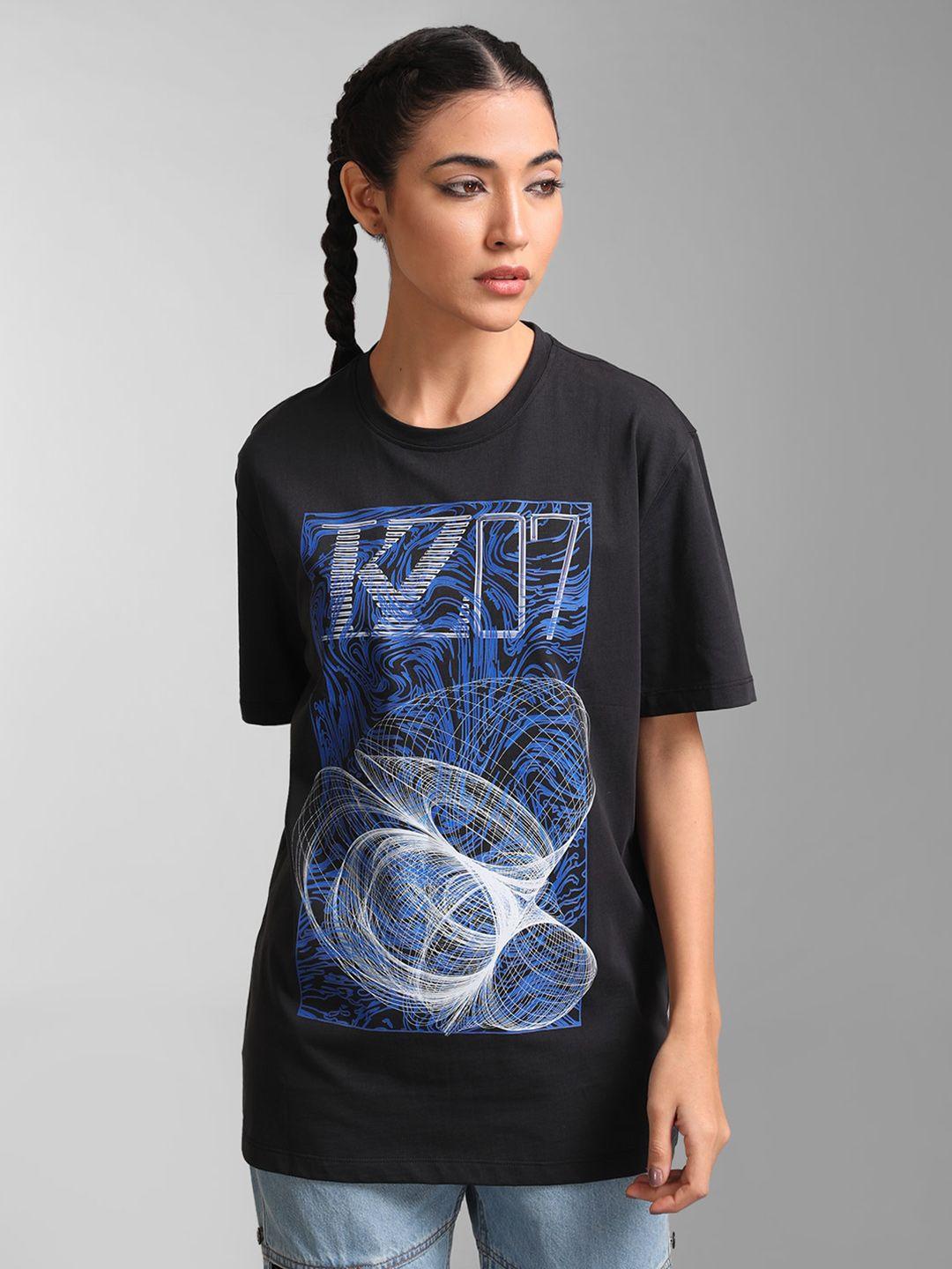 kz07 by kazo women black printed raw edge t-shirt