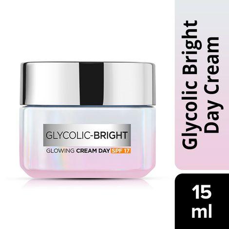 l’oreal paris glycolic bright day cream with spf 17, 15ml |skin brightening cream with glycolic acid for dark spot reduction & even toned skin