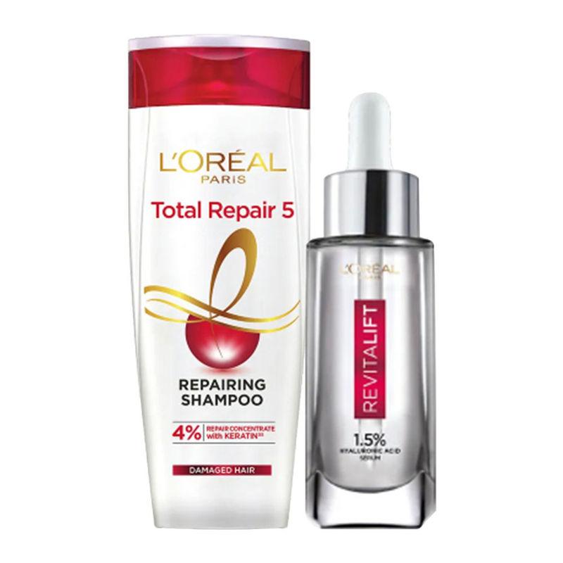l'oreal paris skin & haircare combo - revitalift 1.5% hyaluronic acid serum & total repair 5 shampoo