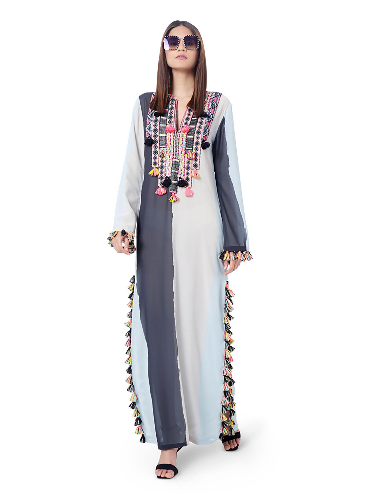 l shaz pale blue art georgette embroidered high-slit kaftaan