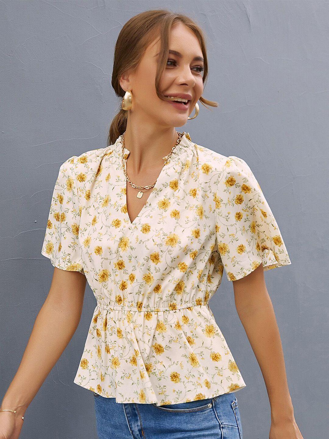 la aimee women trendy beige floral printed short sleeve v neck top