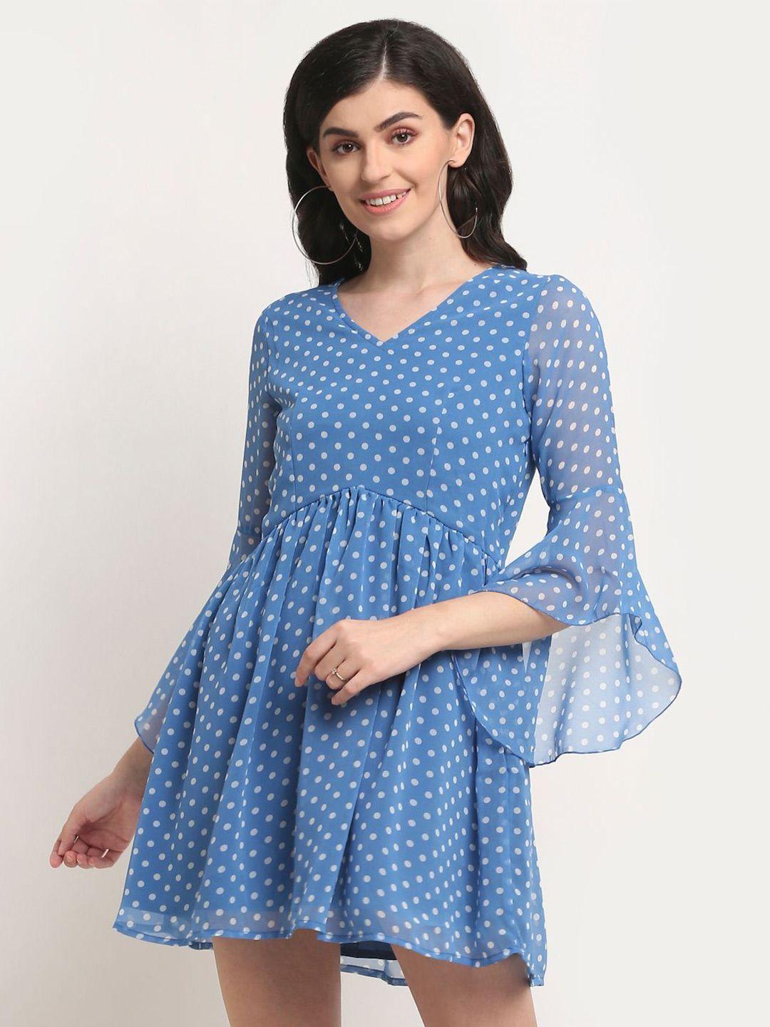 la zoire blue georgette bell sleeves polka dot dress