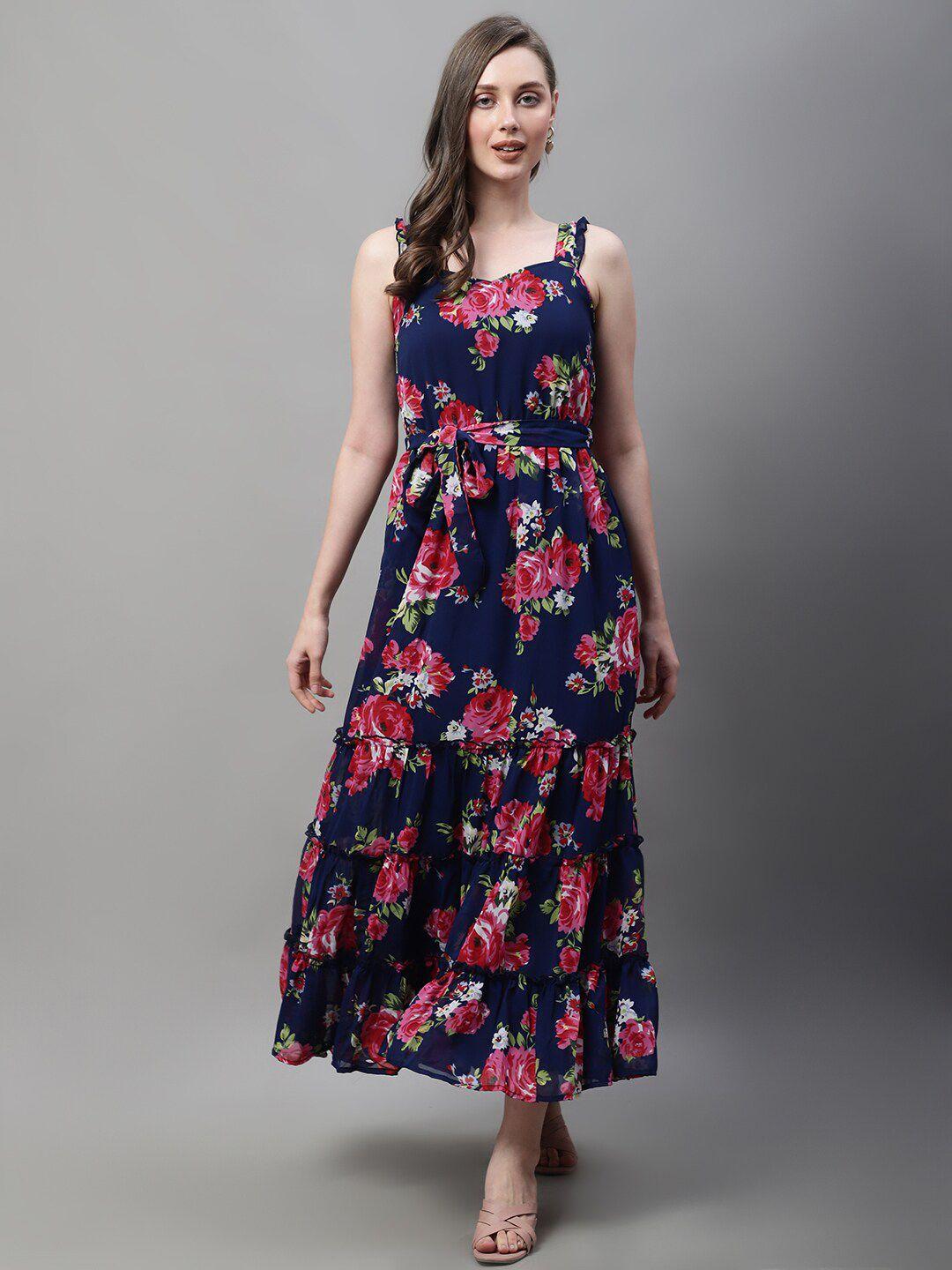 la zoire floral printed shoulder strapped ruffled georgette maxi dress