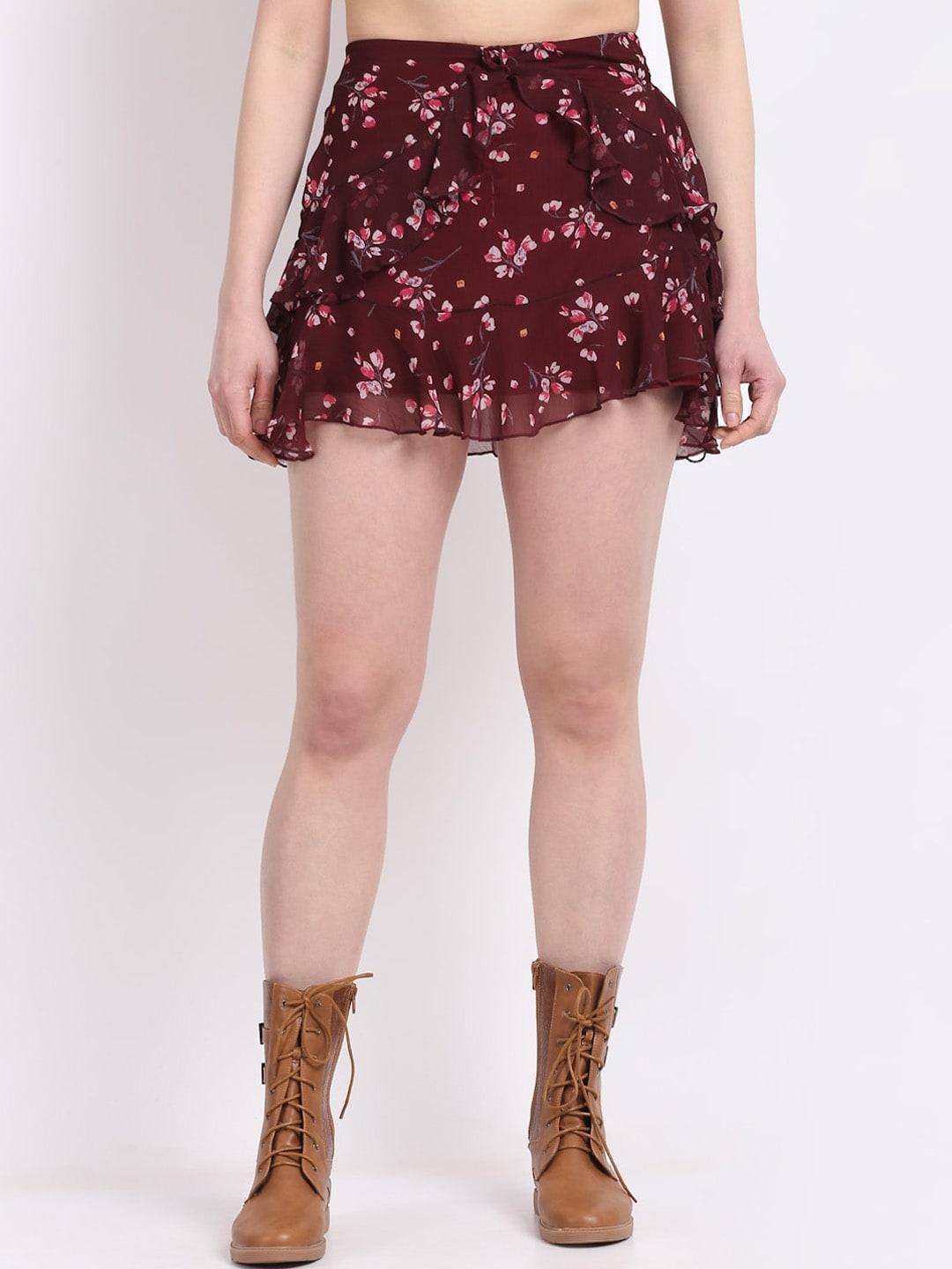 la zoire women maroon floral printed mini skirts