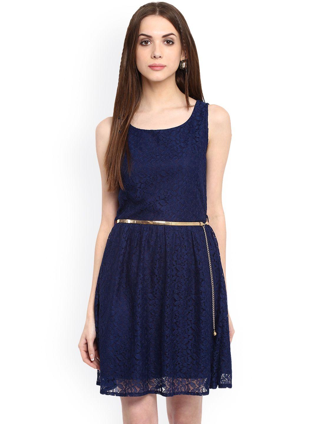 la zoire women navy blue self design fit and flare dress