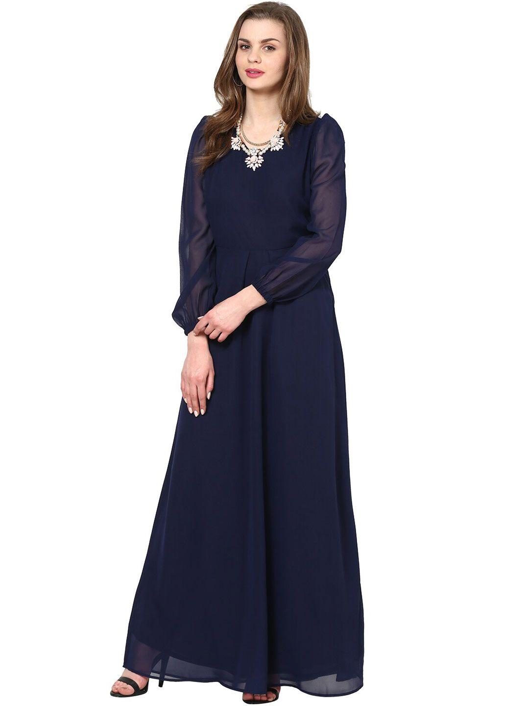 la zoire women navy blue solid v-neck maxi dress