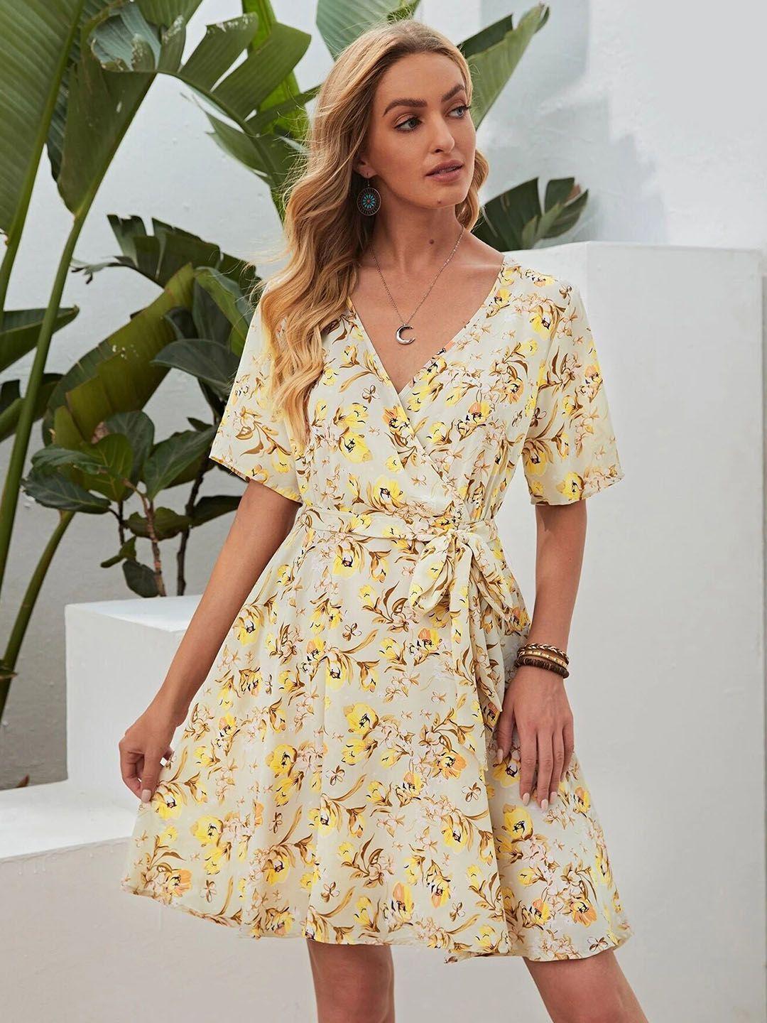 la aimee yellow floral  deep neck dress