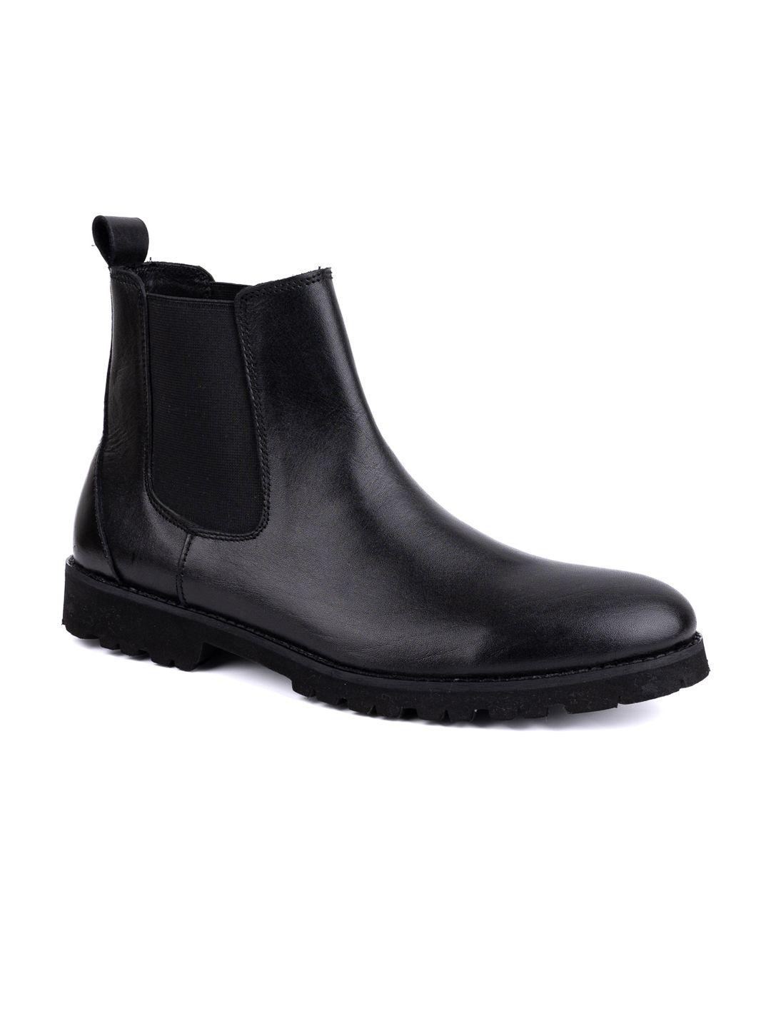 la botte men black solid leather mid-top flat boots