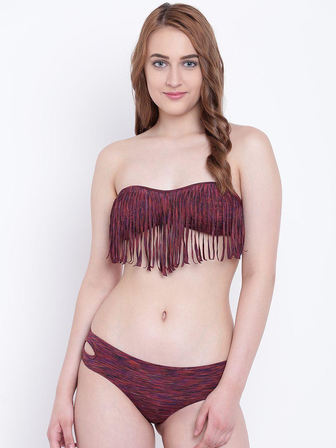 la intimo women maroon & multicoloured striped swim bikini set lif2p008rd0