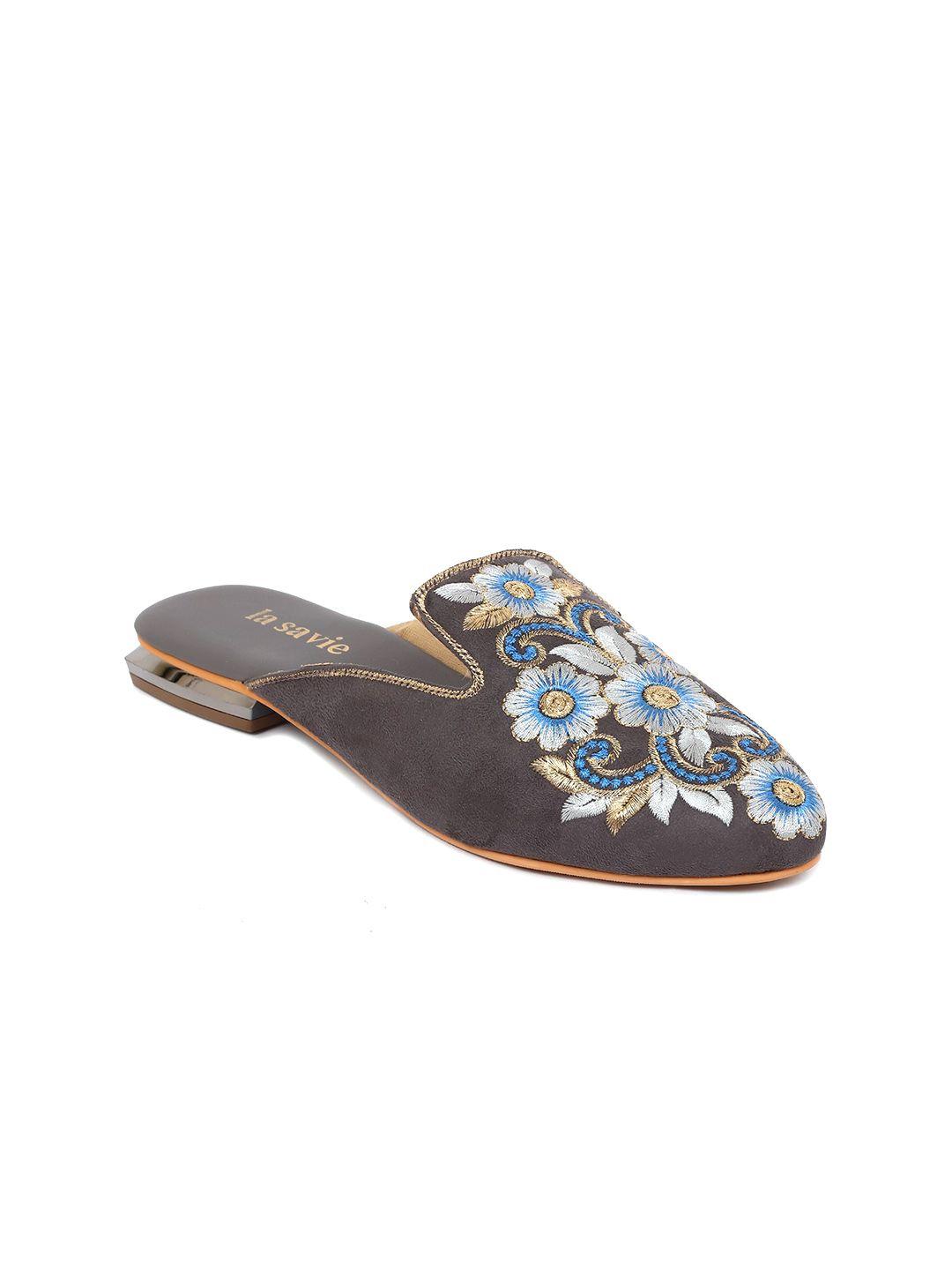 la savie textured embroidered detail ethnic mules